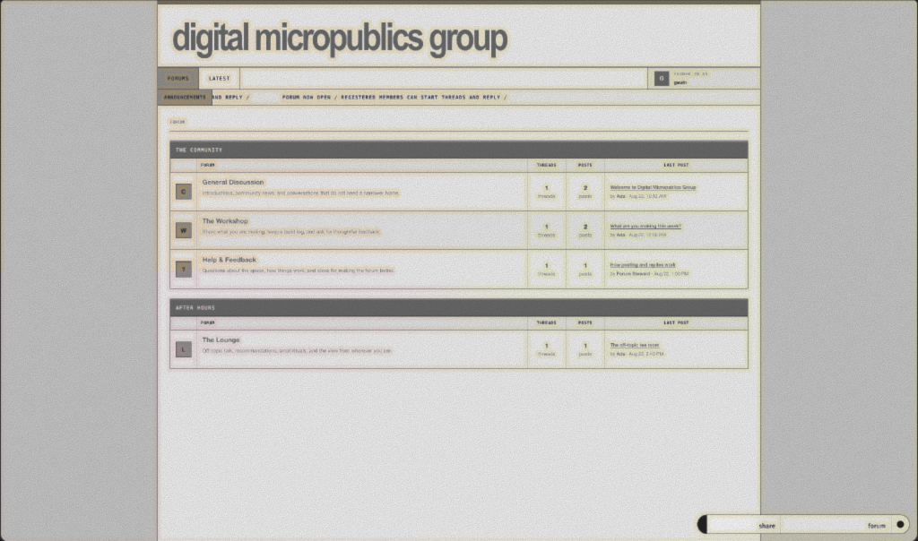 Screenshot of the digital micropublics group forum running in Tonk